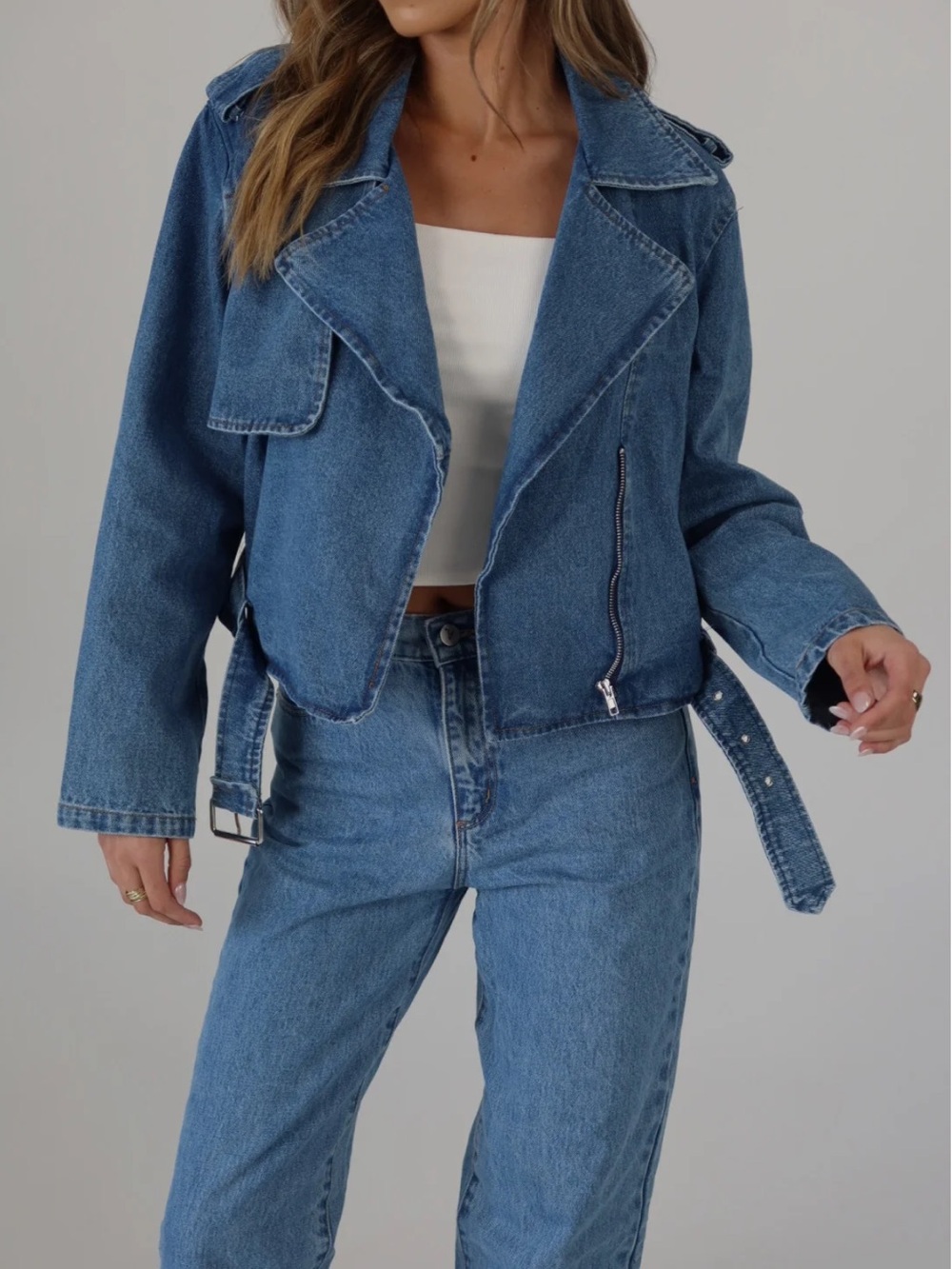 Olivaceous Cropped Denim Moto Jacket in Light Blue